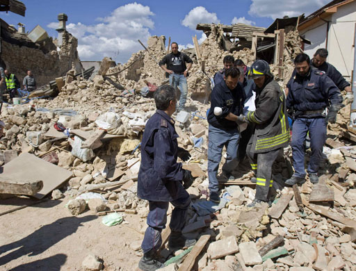 L'Aquila earthquake: Italian rescue workers carry body from rubble in Onna