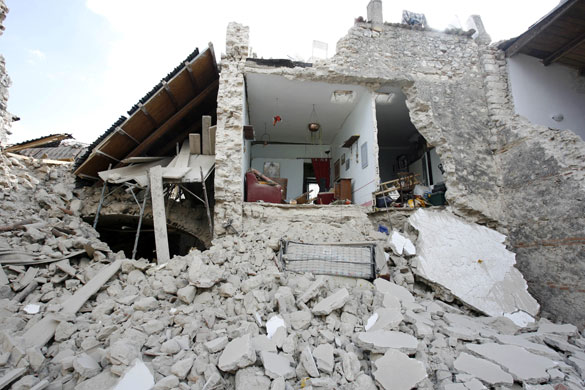 L'Aquila earthquake: A view of a damaged house in the village of Castelnuovo