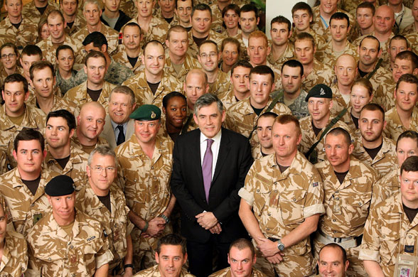 Visits to Iraq: 17 December 2008: Gordon Brown  with British soldiers in Basra 