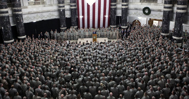 Visits to Iraq: 2008: George Bush speaks with US troops at Camp Victory in Baghdad