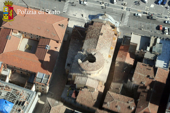 Before & after earthquake: aerial view of damaged dome of Cathedral of L'Aquila