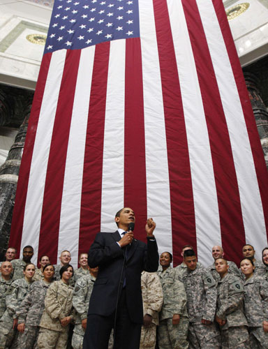 Visits to Baghdad: Barack Obama speaks to troops at Camp Victory in Baghdad