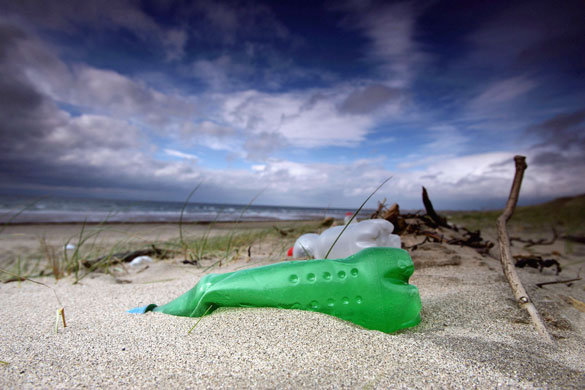 Beach litter: Prestwick: Plastic bottles and general rubbish washed up by the sea