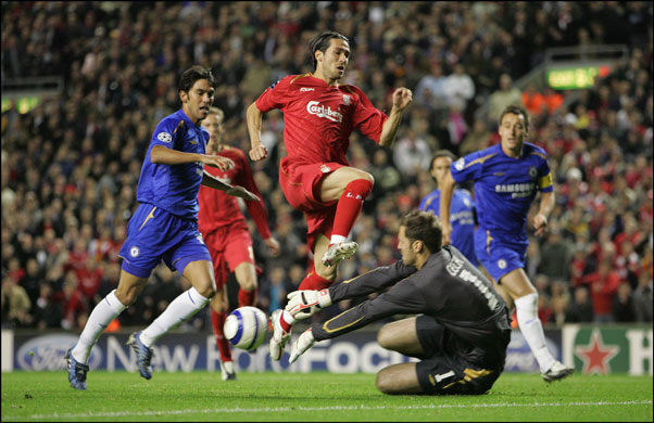 Liverpool v Chelsea: Petr Cech saves at the feet of Luis Garcia