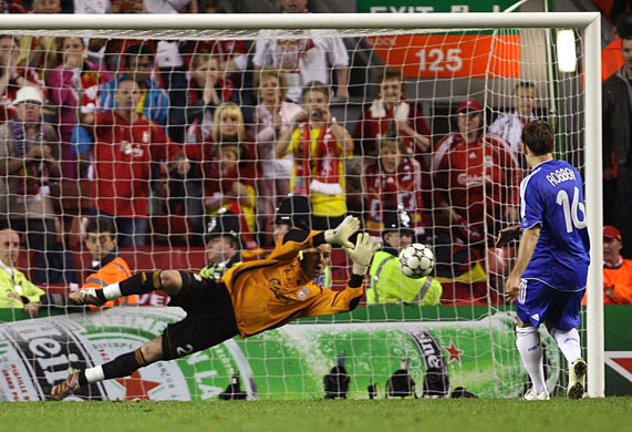 Liverpool v Chelsea: Pepe Reina saves from Arjen Robben in the penalty shoot-out