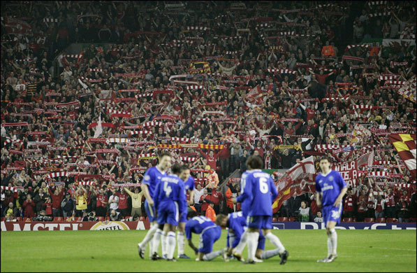 Liverpool v Chelsea: The Kop is in full song as Chelsea prepare for the second half