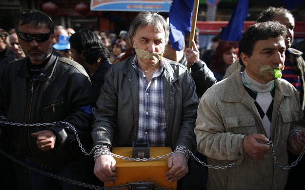 8 April 2009: Sofia, Bulgaria: Workers from steelmaker Kremikovtzi during a protest