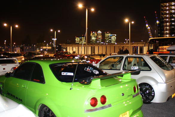 The convoy of modified cars celebrating release of Fast & Furious arrives at the O2, 8 April 2009
