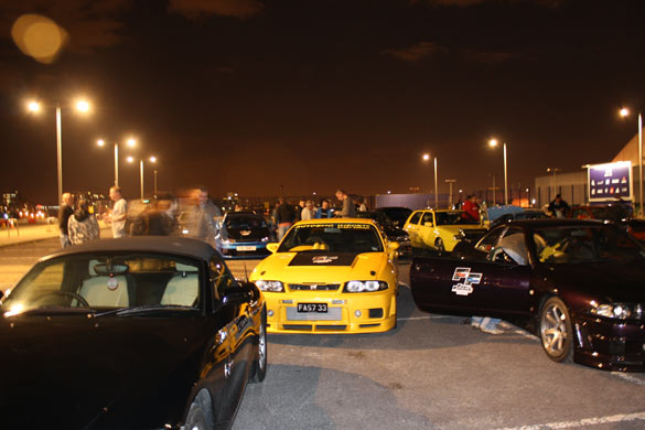 The convoy of modified cars celebrating release of Fast & Furious arrives at the O2, 8 April 2009.