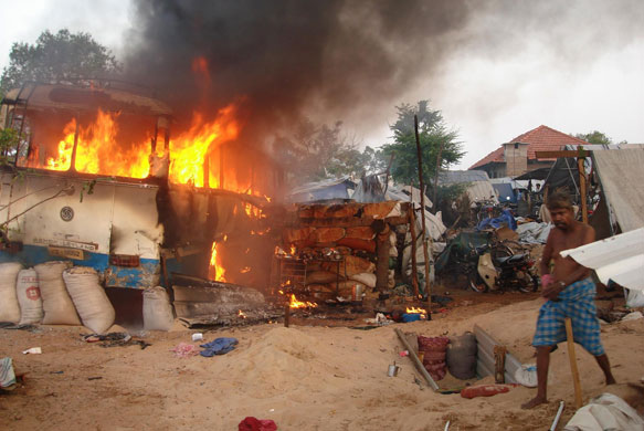 Sri Lanka : Handout photo of a burning bus inside the Sri Lankan no fire zone 