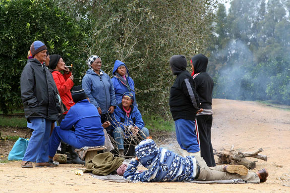 Tesco fruit farms: Casual workers sit by a fire while they wait for the bad weather to pass