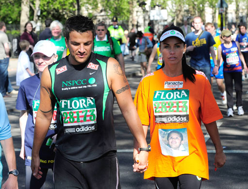 Katie and Peter: Katie Price and Peter Andre compete in the 2009 Flora London Marathon.