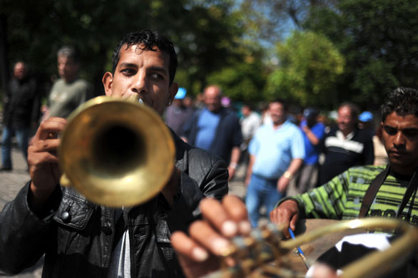 12 May 2009: Sofia, Bulgaria: A roma band performs for money