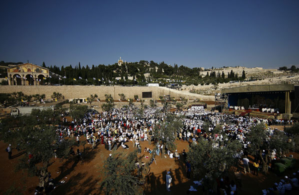 Pope Benedict XVI: Crowds gather as Pope Benedict XVI celebrates a holy mass at Kidron Valley