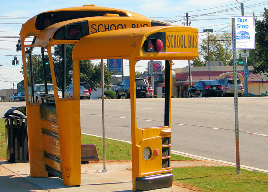 Bus stops: Bus stop in  Athens, Georgia, USA made out of yellow school bus parts