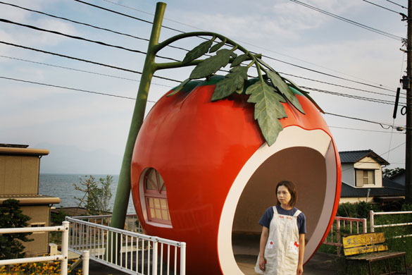 Eccentric bus stops: A woman waits for a bus at a bus stop shaped like a tomato, Western Japan