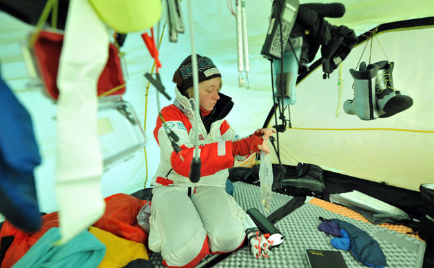 Catlin Arctic Survey: Ann Daniels in the tent sortint out equipment