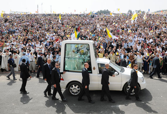 Pope Benedict: Pope Benedict XVI in his pope mobile
