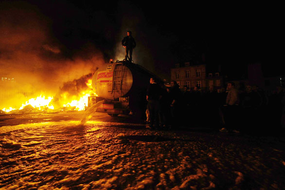 20 May 2009: Saint-Brieuc, France: Dairy farmers during a demonstration