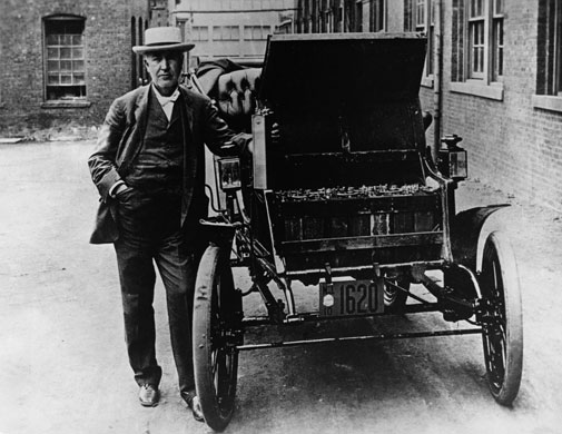 Green technologies: Thomas A. Edison with his Electric Car