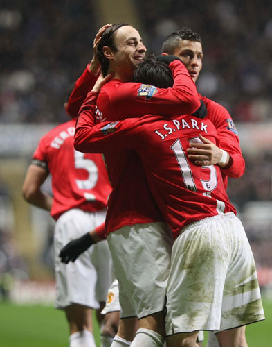 Relegation timescale: Dimitar Berbatov of Manchester United celebrates scoring their second goal