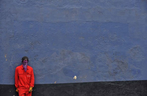 26 May 2009: Gijon, Spain: A demonstrator during a protest by shipyard workers
