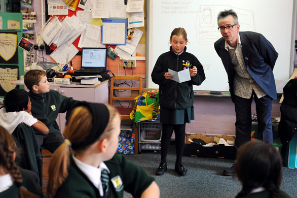 Poet John Hegley visiting Foulds School in High Barnet. 