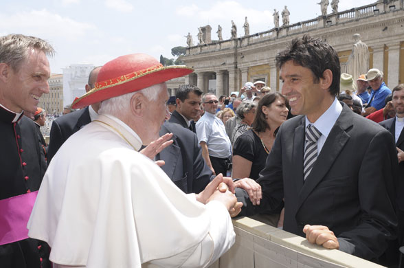 Countdown to kickoff: Pope Benedict shakes hand with Swiss referee Busacca in Rome