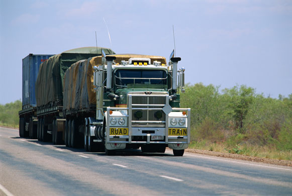 Road Trains: A road train on the Stuart Highway between Darwin and Threeways, Australia