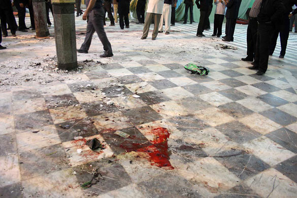 29 May 2009: Zahedan, Iran: Blood stains the ground inside the Amir al-Momenin mosque