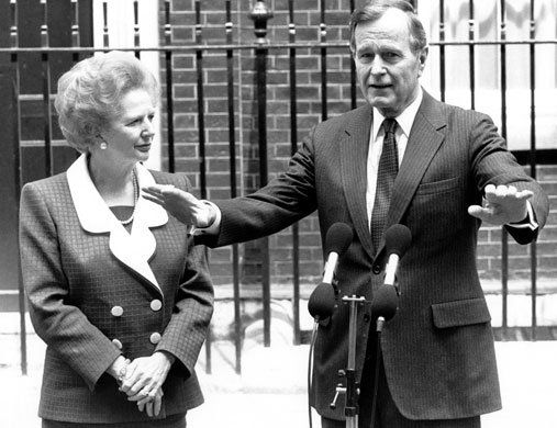Margaret Thatcher: 1989: Margaret Thatcher and George Bush outside Number 10