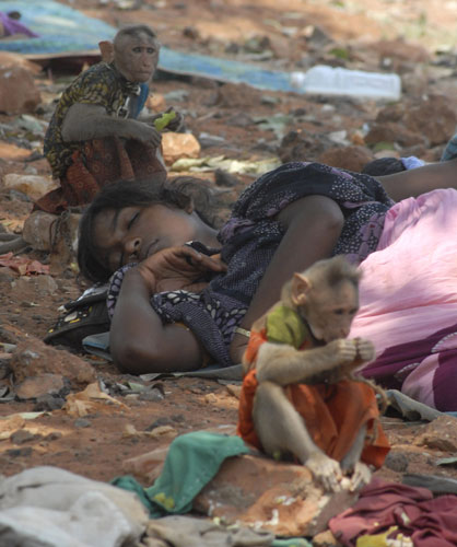 24 hours in pictures : Homeless woman takes nap next to her monkeys on hot summer's day in Chennai