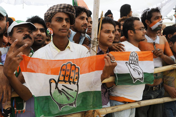 Gandhi election campaign: 16 April, Gurdaspur: Supporters listen to Sonia Gandhi deliver a speech