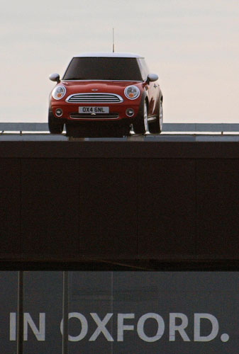 50 Years of the Mini: A Mini vehicle is parked on a rooftop at Mini car factory in Cowley, Oxford