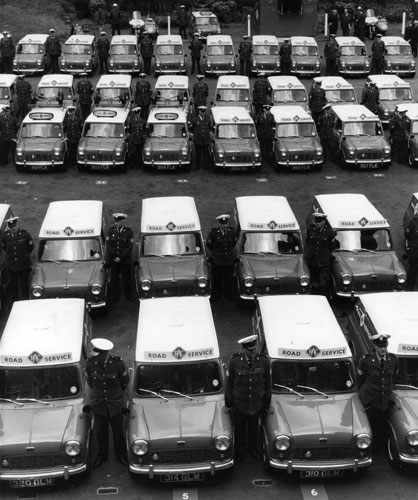 50 Years of the Mini: Some of the 100 mini-vans that made up part of the RAC Roadside Service 