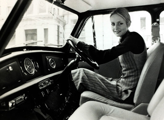 50 Years of the Mini: British model Twiggy at the wheel of her Mini 