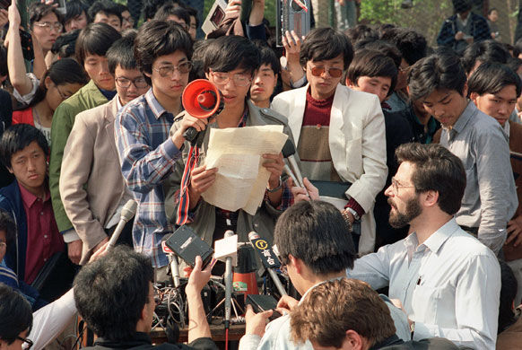 Tiananmen Square: Wang Dan, a leading Chinese dissident addresses foreign correspondents