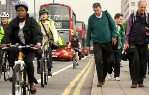 London underground strike: Waterloo Bridge: Commuters walking and cycling on the congested bridge