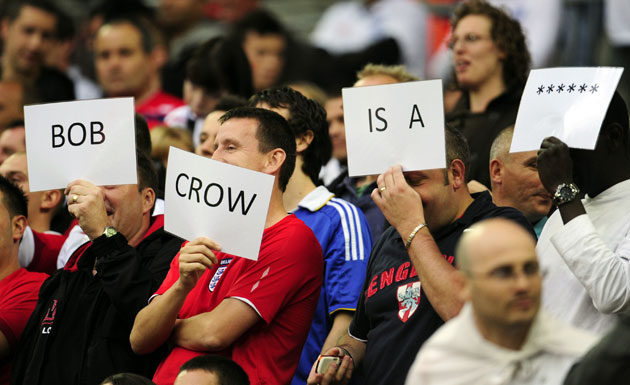 england andorra: England soccer fans hold placards in response to the tube strikes 