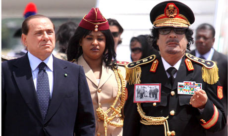Silvio Berlusconi welcomes Muammar Gaddafi at Rome Ciampino airport