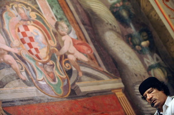 Gaddafi in Rome: Gaddafi delivers a speech in the Sala Zuccari of the Italian Senate