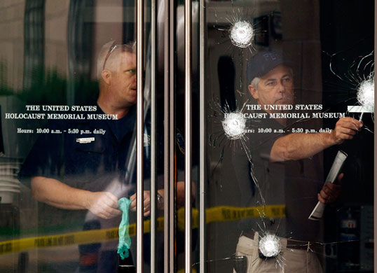 12 June 2009: A bullet ridden door at the entrance to the Holocaust Memorial Museum