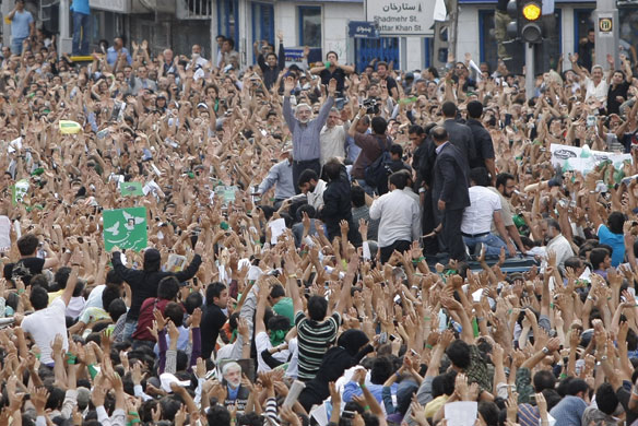 Tehran protest: Defeated presidential candidate Mir Hossein Mousavi at a rally in Tehran