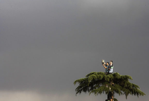 24 hours: Tehran, Iran: Men hold campaign posters as they sit atop a tree