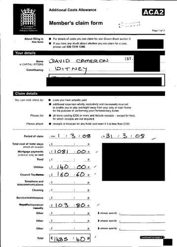 MPs' expenses receipts: An Additional Costs Allowance form submitted by David Cameron