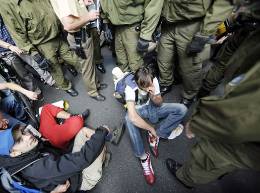 19 June 2009: Berlin, Germany: Students stage a sit-in protest outside Deutschen Bank