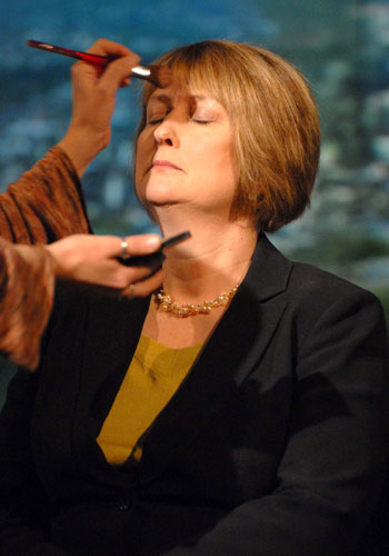 Jacqui Smith: 2008: Jacqui Smith in make-up before appearing on The Andrew Marr Show