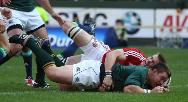 lions 1st test: The Springboks captain John Smit scores the first try of the game