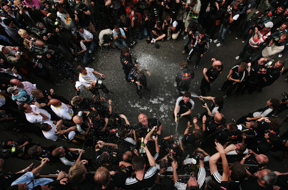 22 June 2009: : Northampton, UK: The Red Bull Racing team celebrate victory