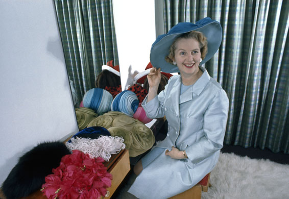 Margaret Thatcher: 1971: Minister of Education Margaret Thatcher tries on different hats
